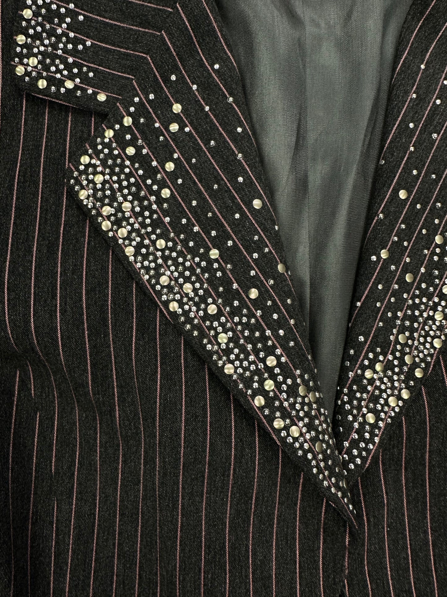 Vintage Cropped Pinstripe Blazer with Gemstone Lapel