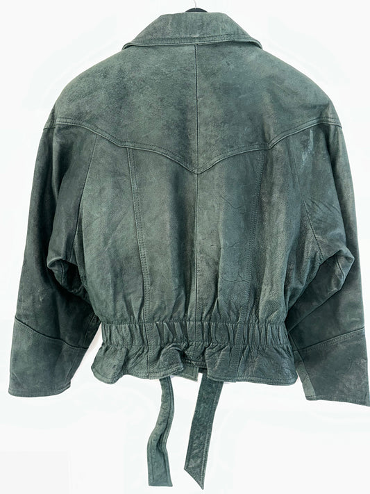 Vintage Green Leather Bomber Jacket