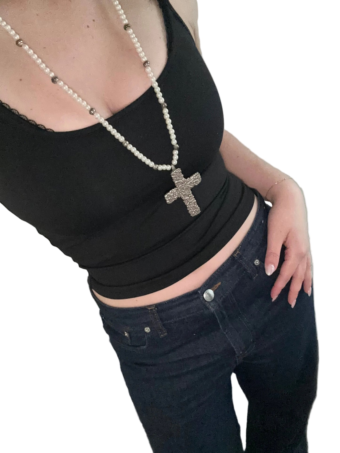 Vintage Long Pearl Cross Necklace