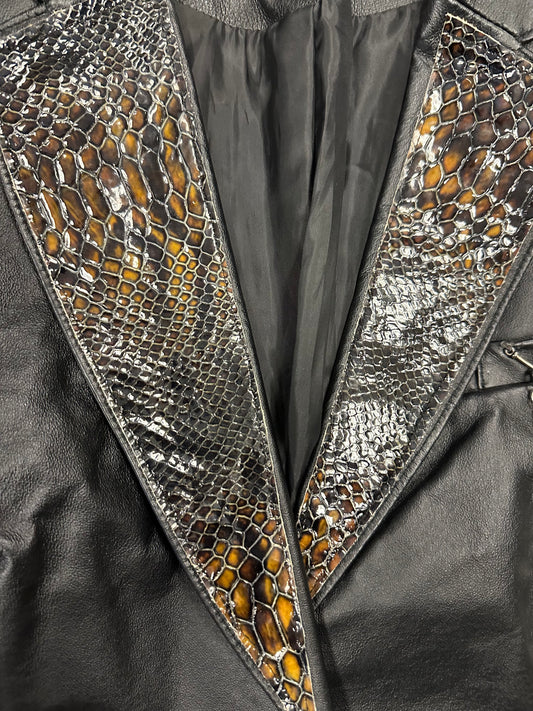 Vintage Leather Jacket with Embossed Lapel and Chain Detailing