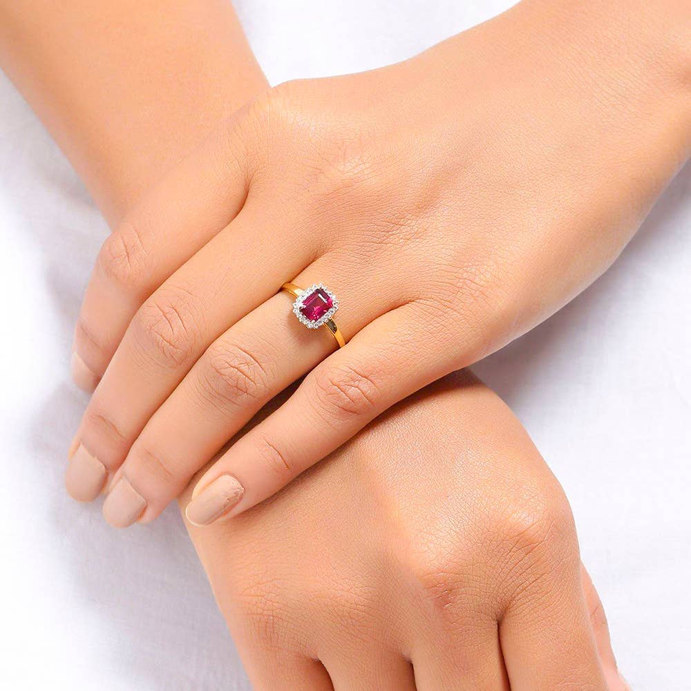 10K Yellow Gold Rhodolite Garnet Crimson Halo Ring