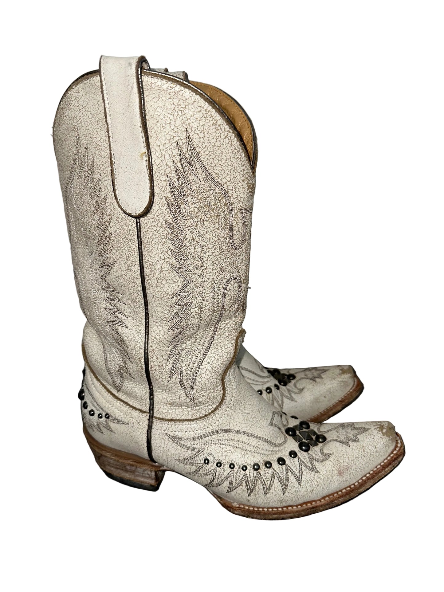 White Leather Studded Cowboy Boots