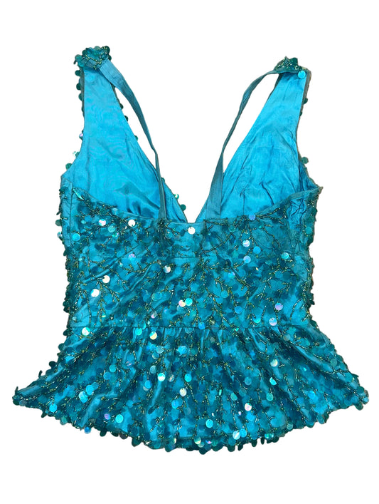 Vintage Turquoise Silk Sequins Tank Top