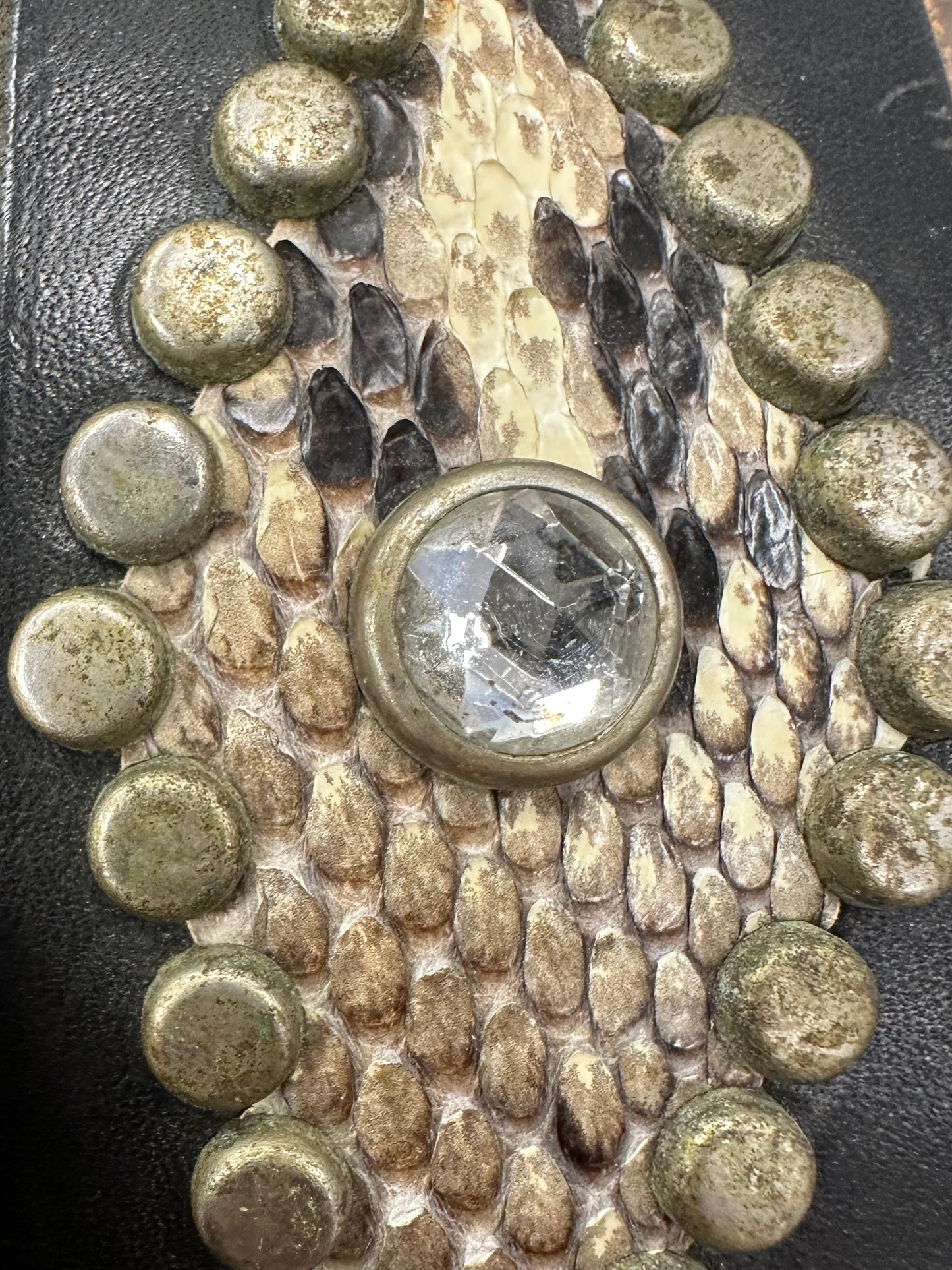 Vintage Dark Brown Studded Belt with Snakeskin Details