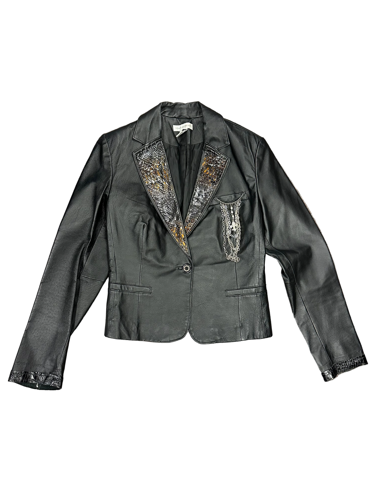 Vintage Leather Jacket with Embossed Lapel and Chain Detailing
