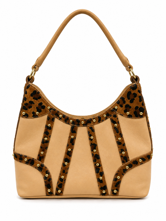 Vintage Leather Purse with Leopard and Stud Detailing