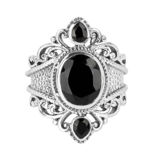 925 Silver Midnight Sovereign Ornate Black Onyx Ring