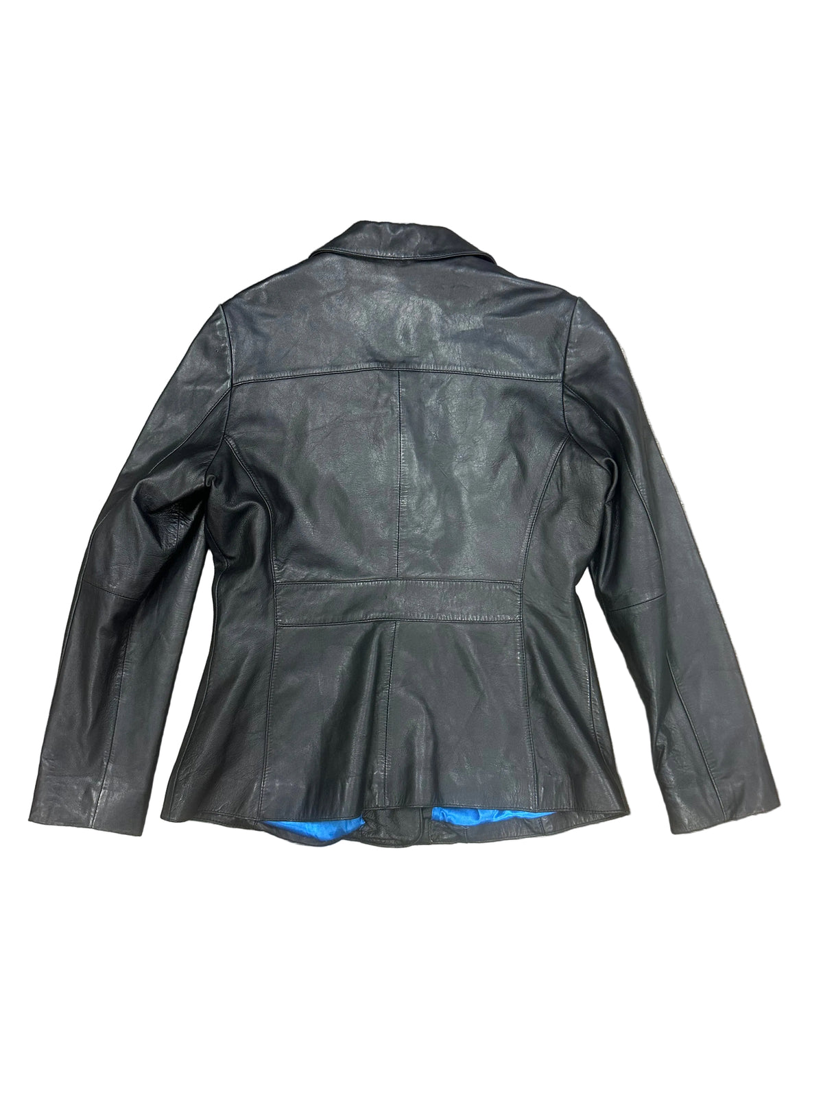 Vintage Black Leather Blazer with Cobalt Blue Lining