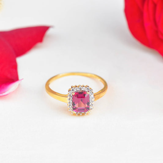 10K Yellow Gold Rhodolite Garnet Crimson Halo Ring