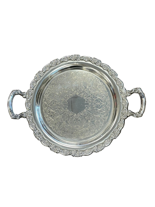 Antique Round Silver Platter with Handles