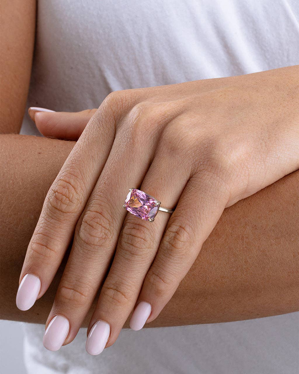 Sterling Silver Pink Sapphire Cushion East-West Ring