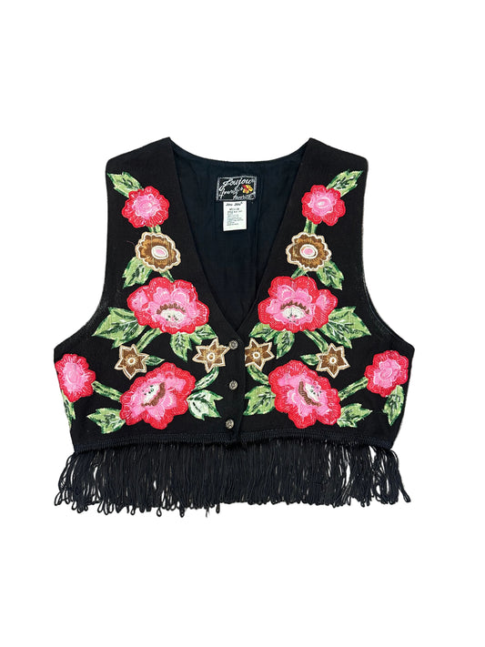 Vintage Embroidered Fringe Cropped Vest