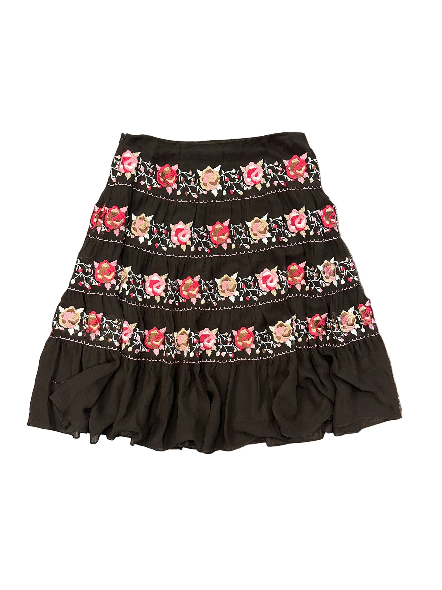Vintage Silk Floral Embroidered Midi Skirt