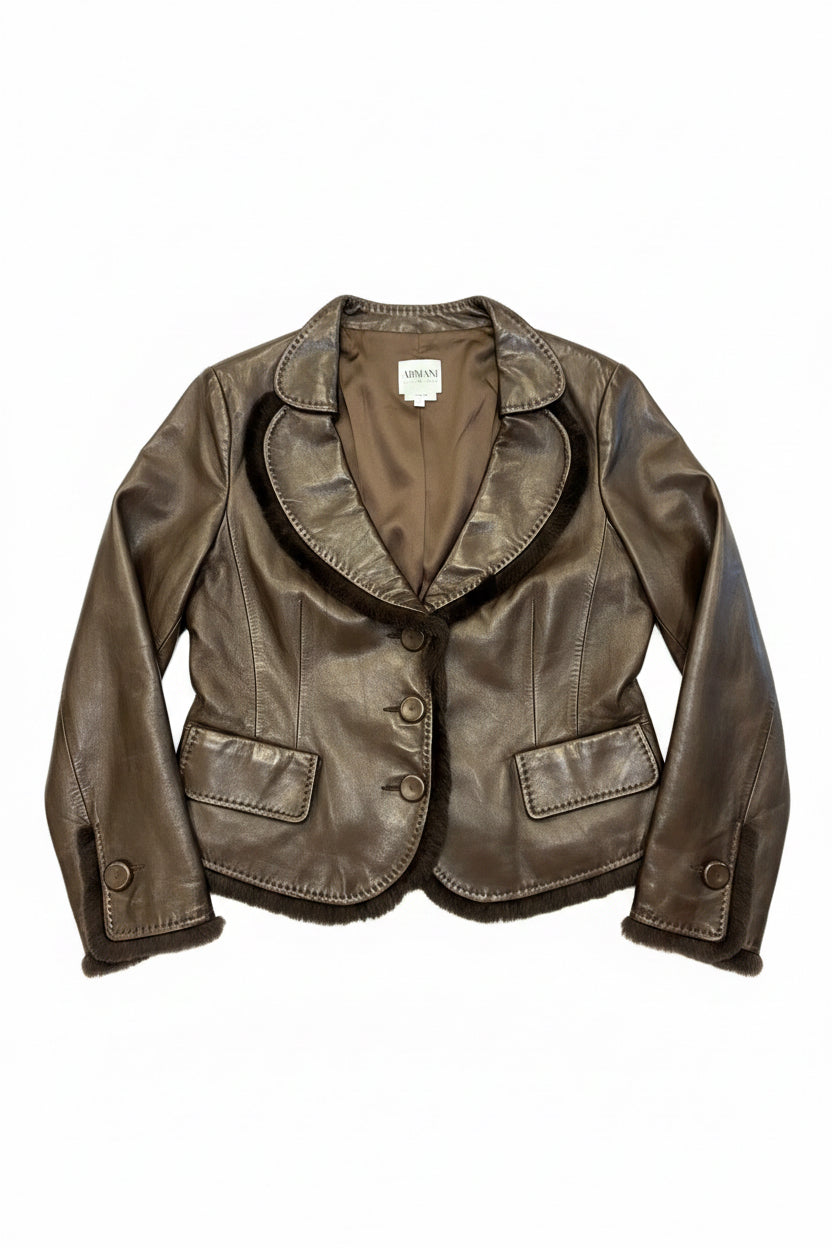 Vintage Leather Armani Blazer with Fur Trim