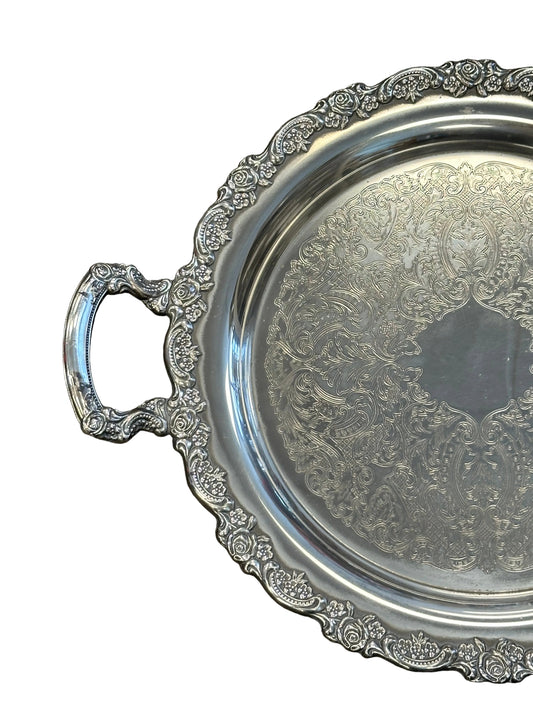 Antique Round Silver Platter with Handles
