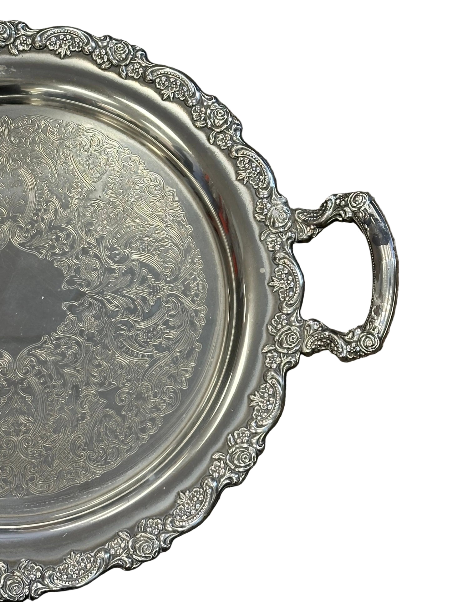 Antique Round Silver Platter with Handles