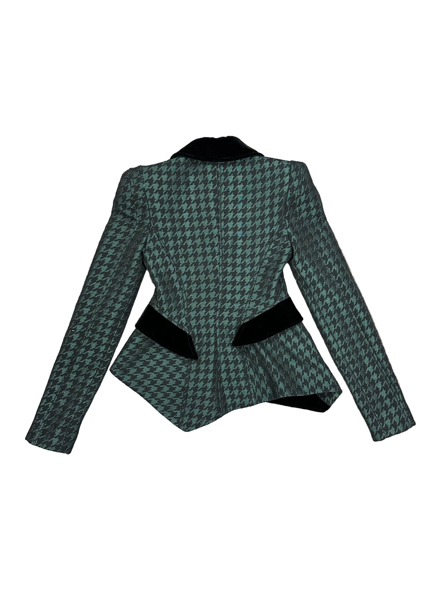 Asymmetrical Houndstooth Blazer with Velvet Details