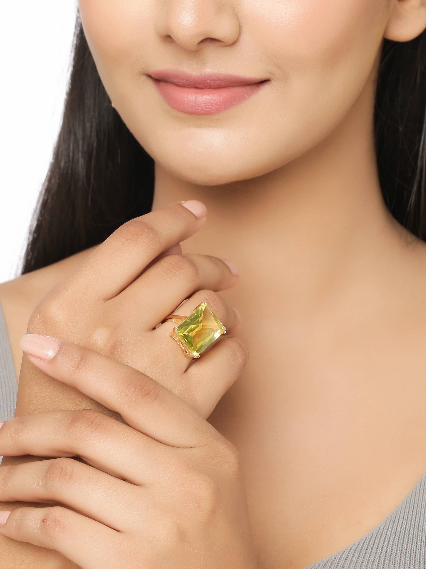 Gold Plated Over Silver Green Gold Quartz Sunveil Crest Ring