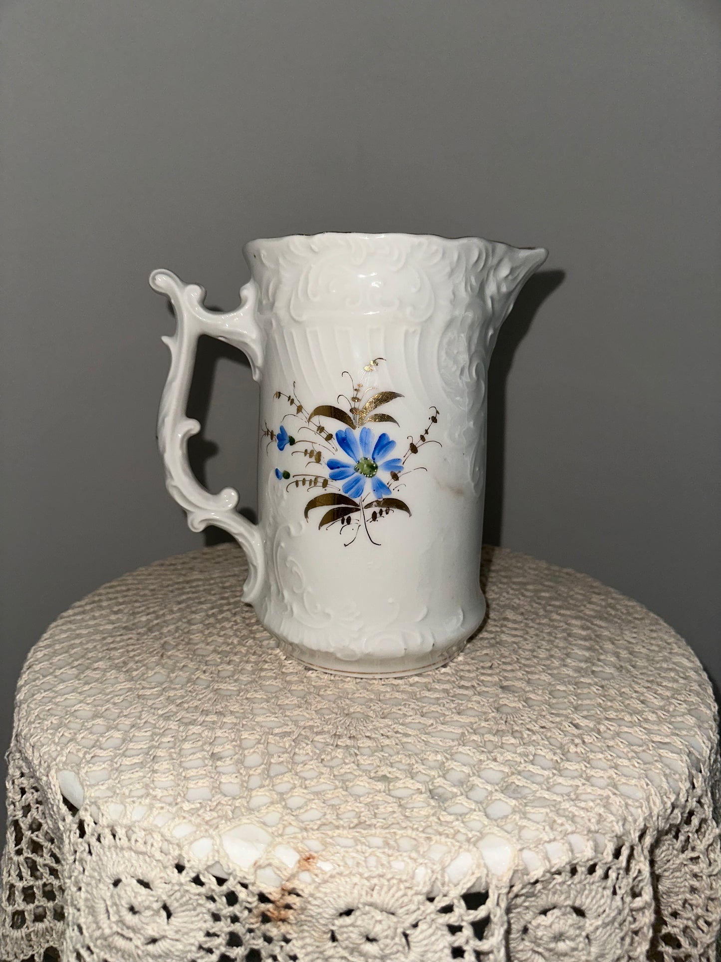 White Pitcher with Blue Flowers