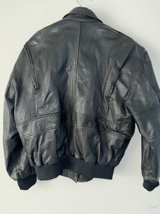 Vintage Black Leather Bomber Jacket