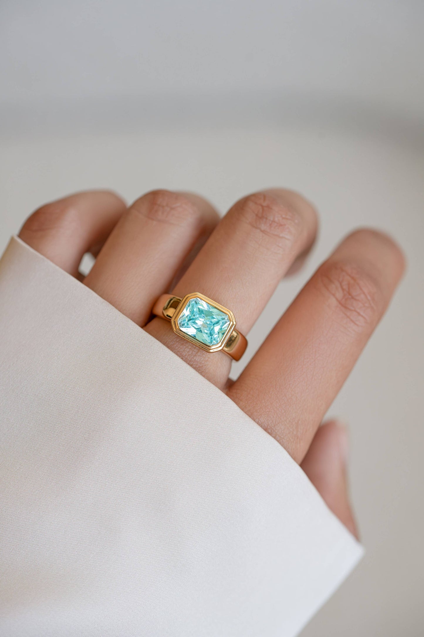 Gold Plated Chunky Rectangular Aquamarine Ring