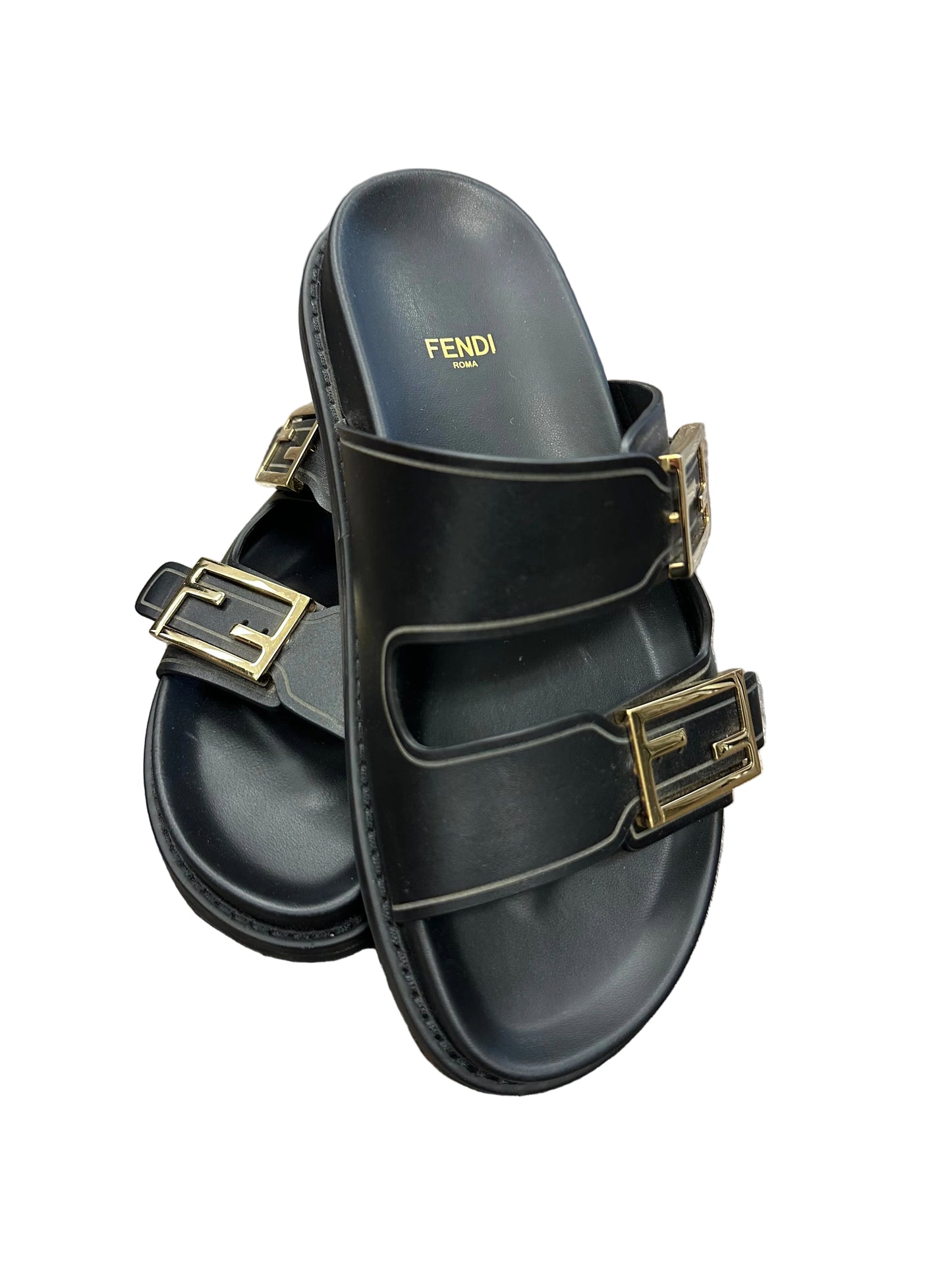 Fendi Leather Slides with Gold Logo Buckle