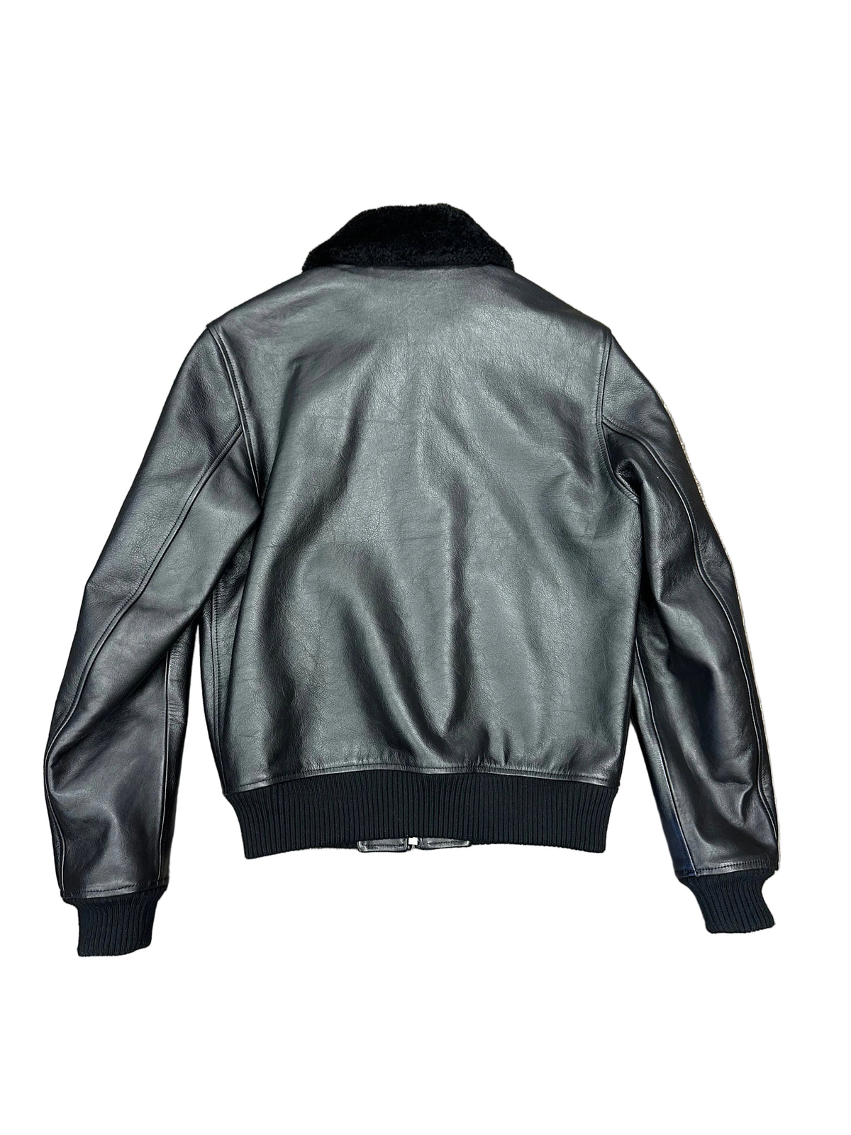 Sandro Black Leather Aviator Bomber Jacket with Shearling Collar