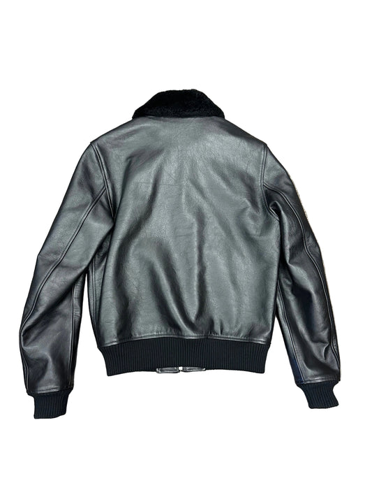 Sandro Black Leather Aviator Bomber Jacket with Shearling Collar