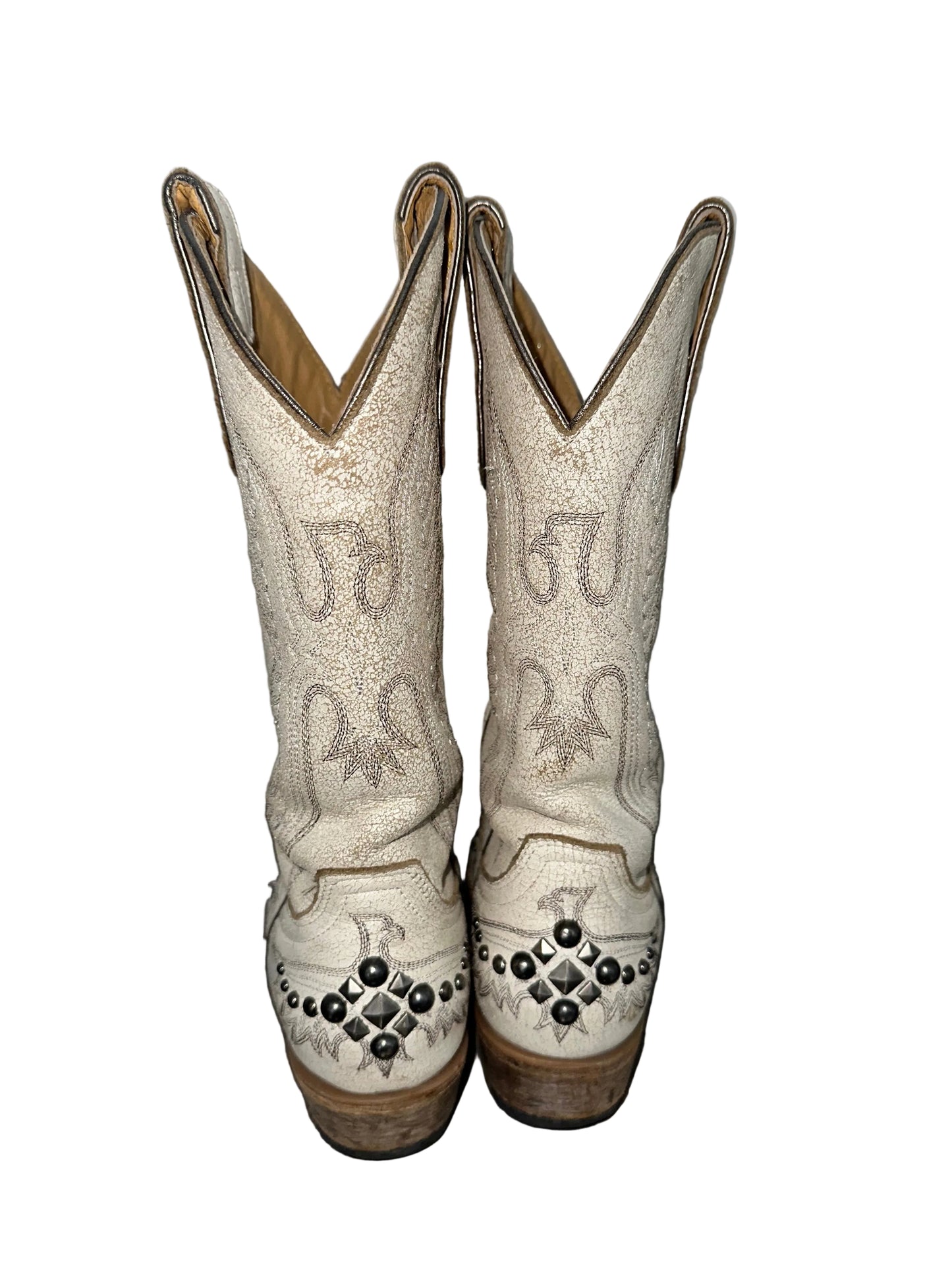 White Leather Studded Cowboy Boots