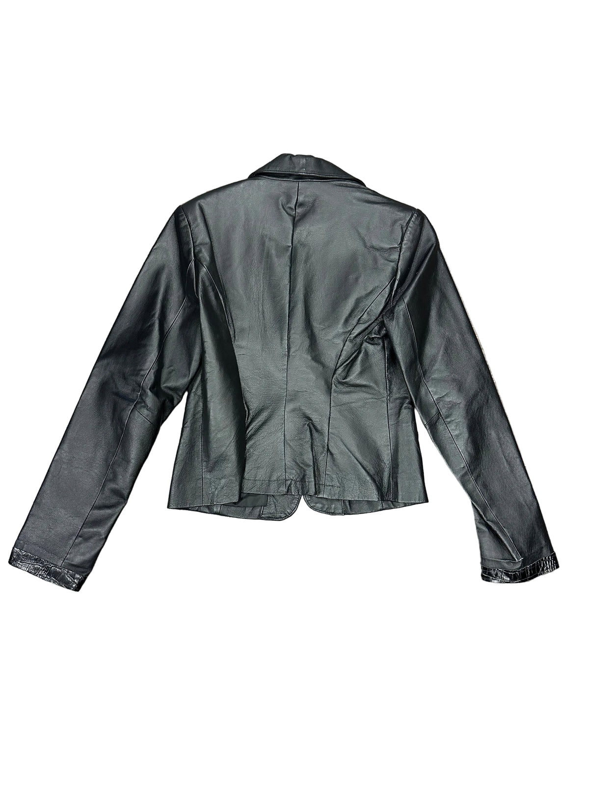 Vintage Leather Jacket with Embossed Lapel and Chain Detailing