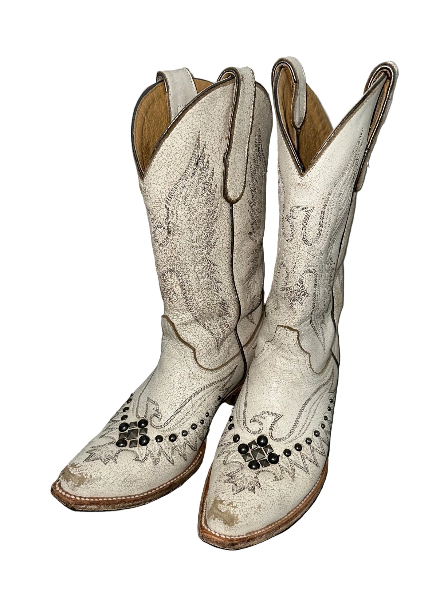 White Leather Studded Cowboy Boots