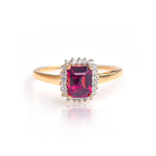 10K Yellow Gold Rhodolite Garnet Crimson Halo Ring