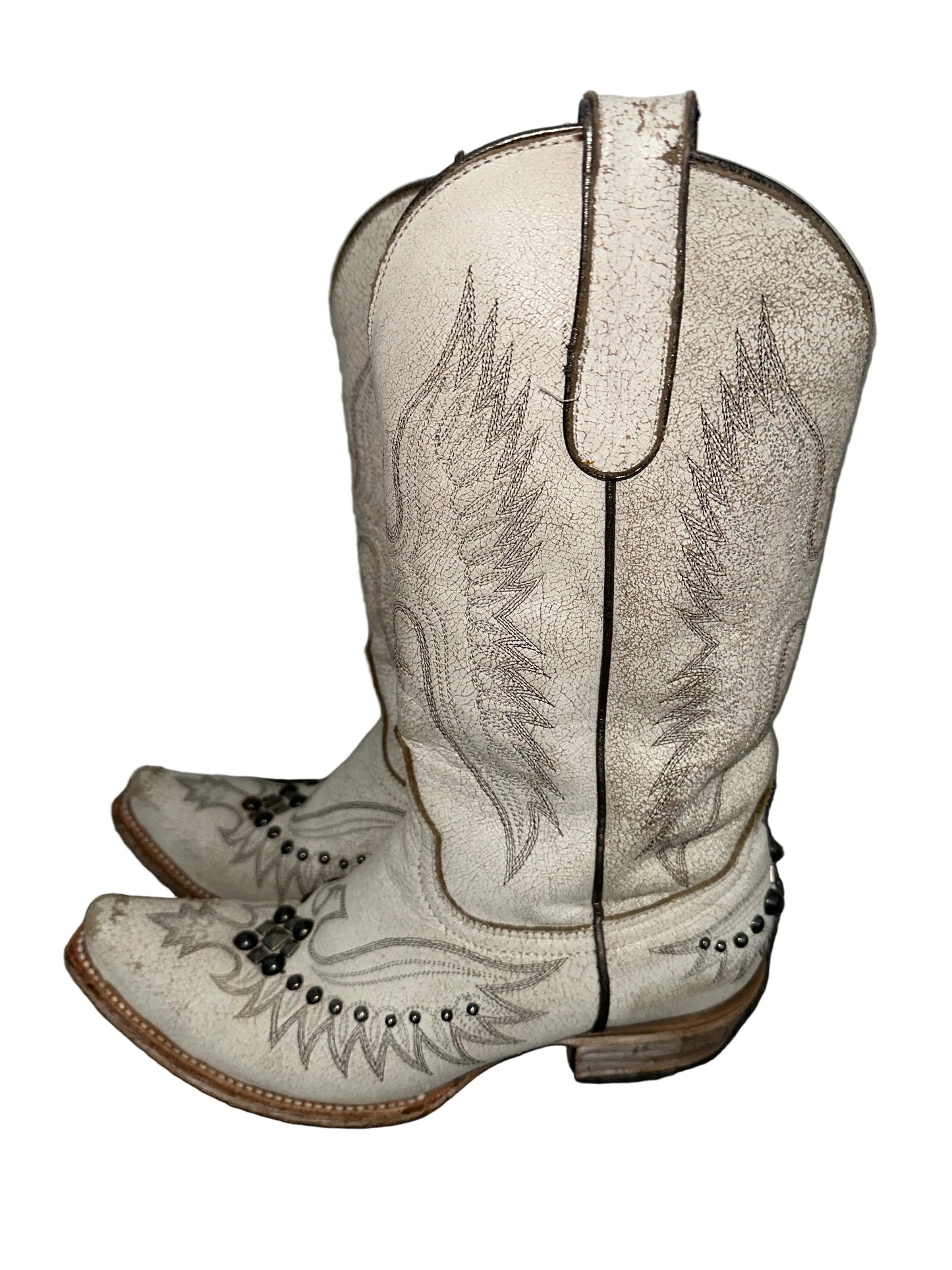 White Leather Studded Cowboy Boots