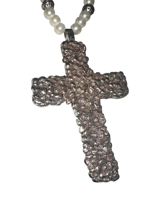 Vintage Long Pearl Cross Necklace