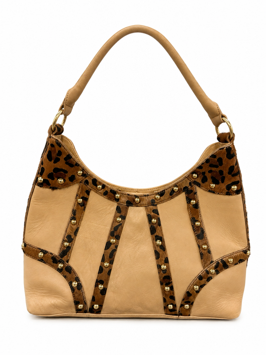 Vintage Leather Purse with Leopard and Stud Detailing