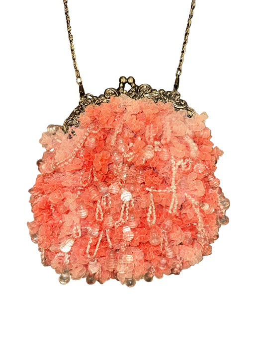 Vintage Pink Beaded Chiffon Crossbody Purse