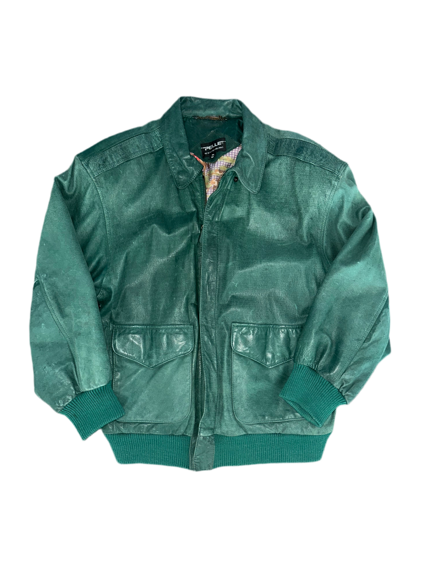 Vintage Green Leather Bomber Jacket
