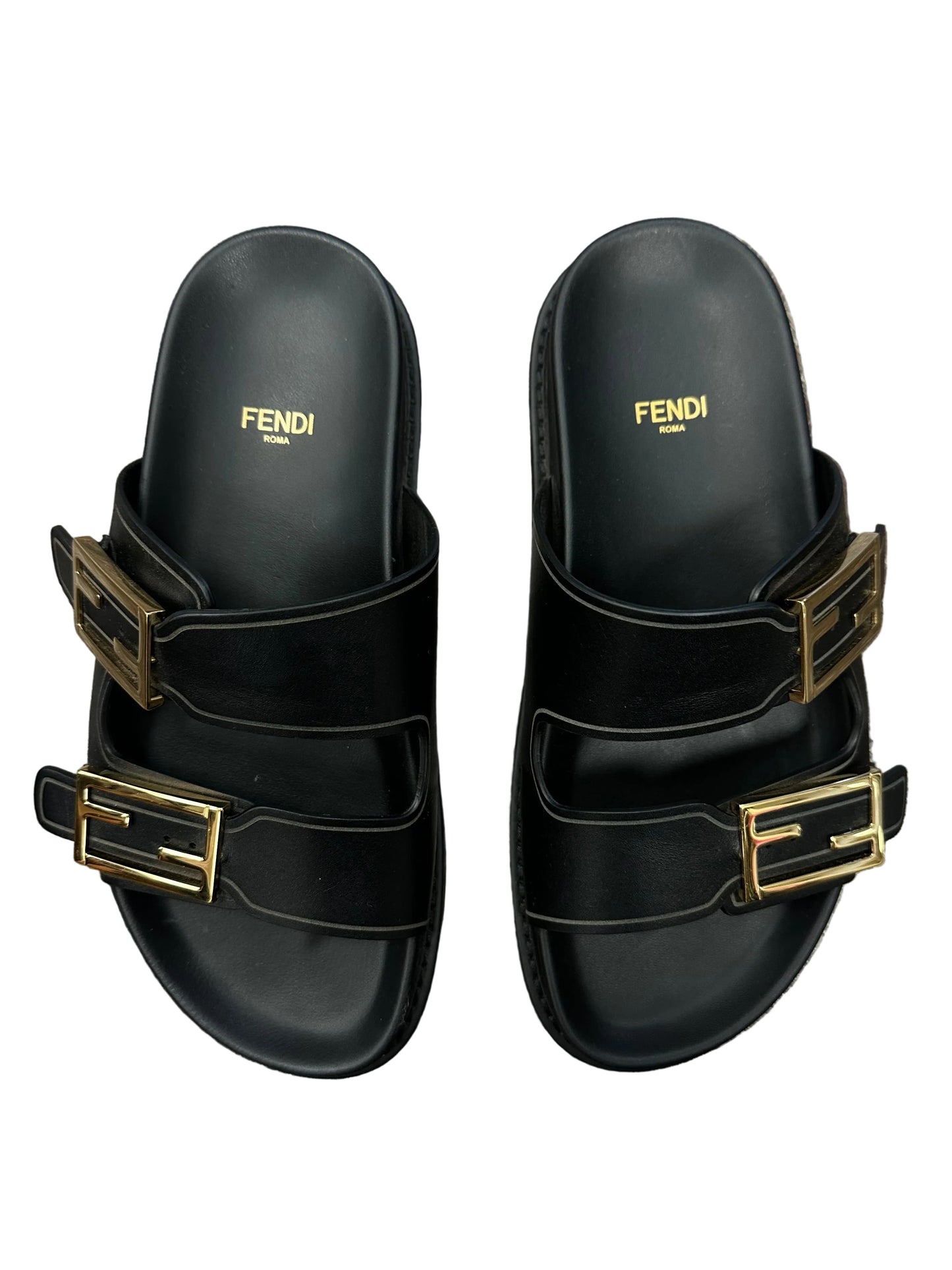 Fendi Leather Slides with Gold Logo Buckle