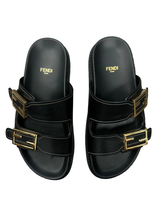 Fendi Leather Slides with Gold Logo Buckle