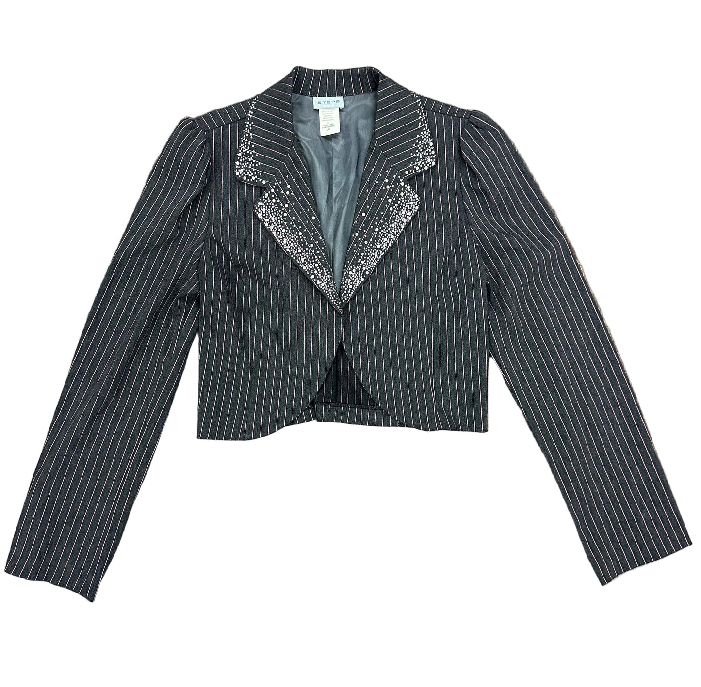 Vintage Cropped Pinstripe Blazer with Gemstone Lapel