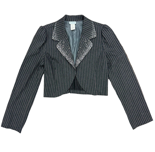 Vintage Cropped Pinstripe Blazer with Gemstone Lapel