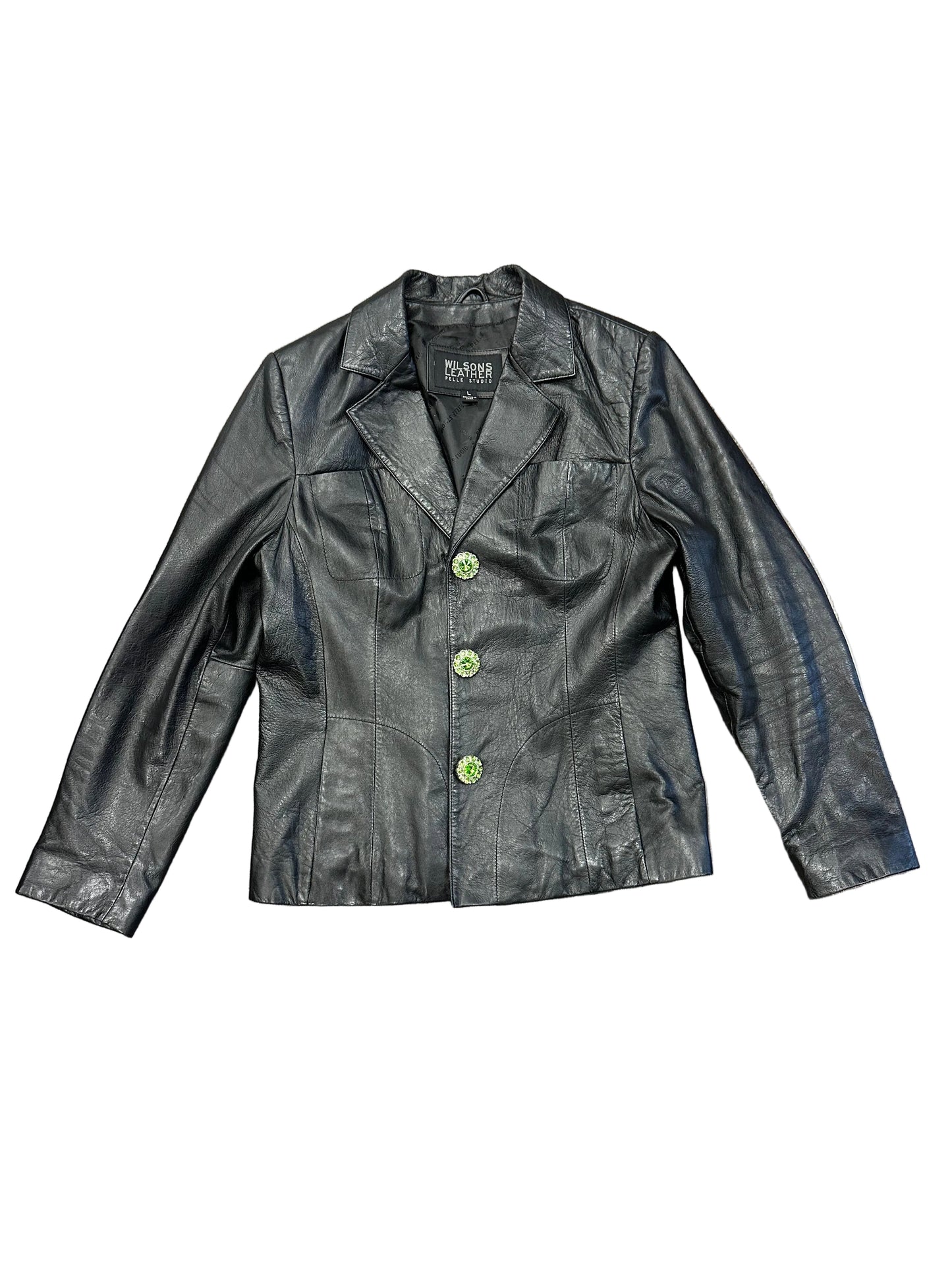 Vintage Black Leather Jacket with Green Gem Buttons