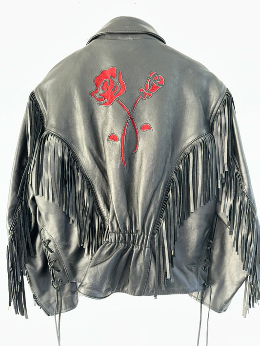 Vintage Black Bomber Jacket with Fringe