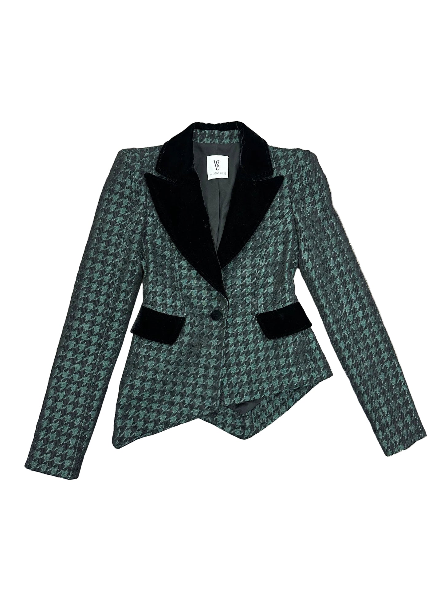 Asymmetrical Houndstooth Blazer with Velvet Details