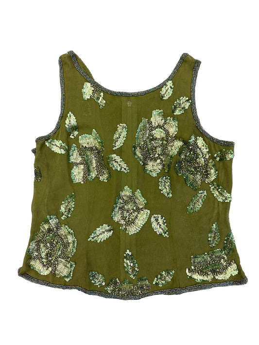 Vintage Olive Green Sheer Embellished Tank Top