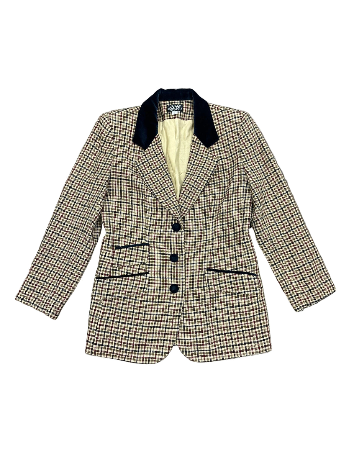 Vintage Plaid Blazer with Velvet Collar