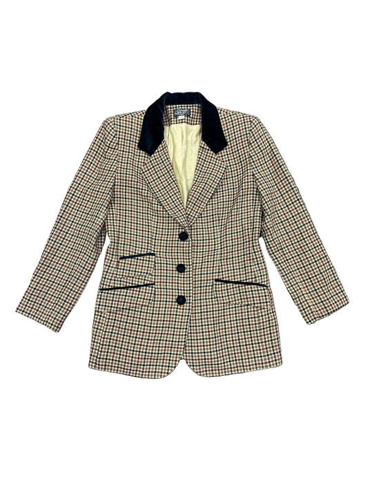 Vintage Plaid Blazer with Velvet Collar