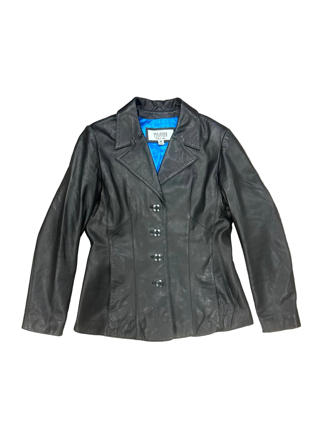 Vintage Black Leather Blazer with Cobalt Blue Lining