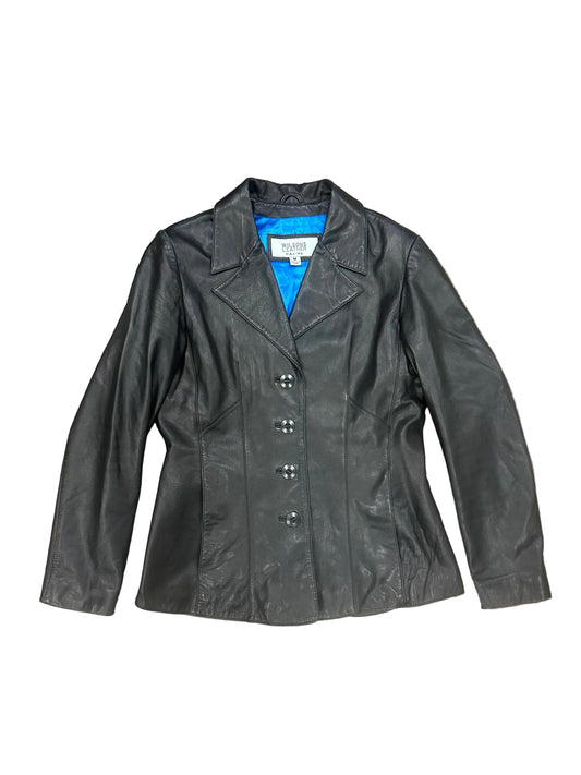 Vintage Black Leather Blazer with Cobalt Blue Lining