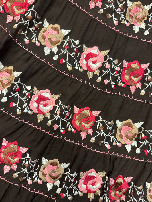 Vintage Silk Floral Embroidered Midi Skirt